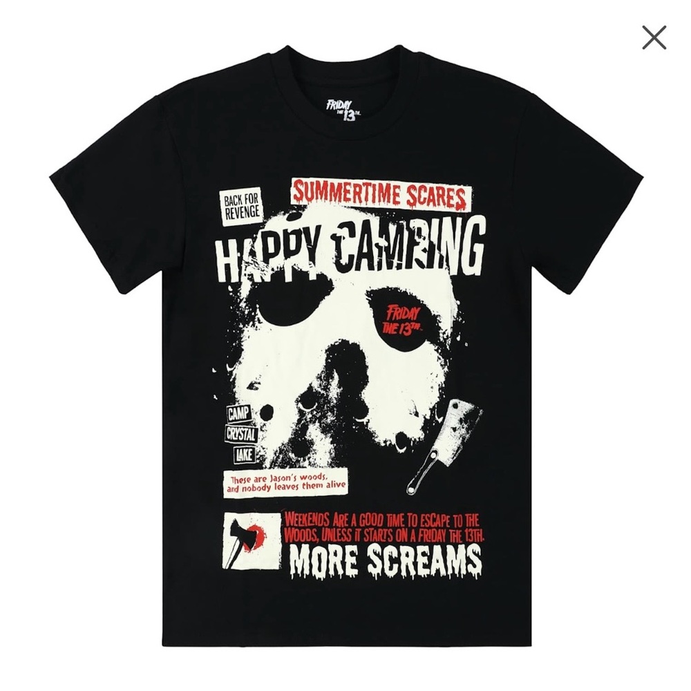Mens Black Friday The 13th Happy Camping Jason Voorhies Mask Tee Shirt T-Shirt S
